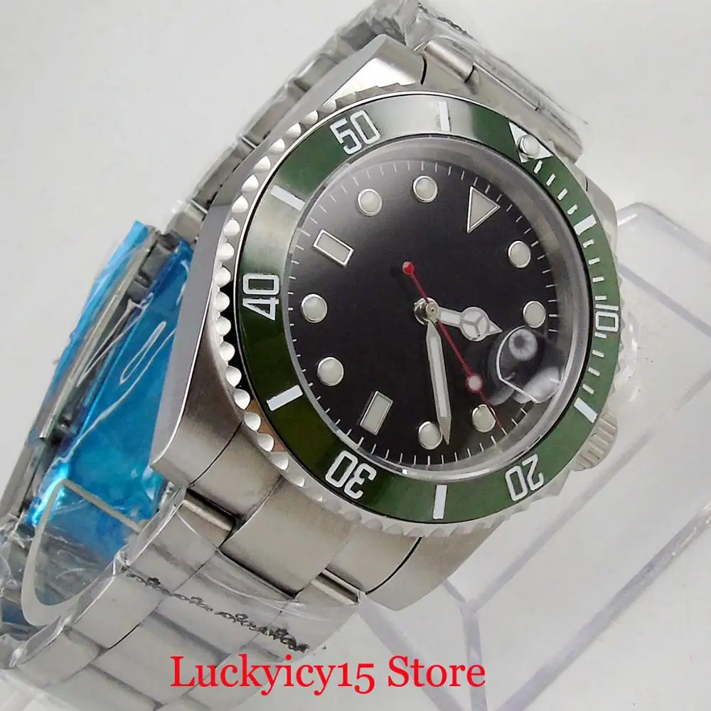 

24 Jewels Mechanical NH35 PT5000 Men Wristwatch Sapphire Crystal Green Bezel Insert Mental Bracelet