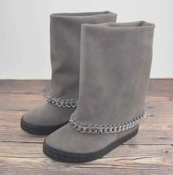 

Ladies metal chains rim suede leather boots woman height increased rubber sole roman round toe slip on mid boots