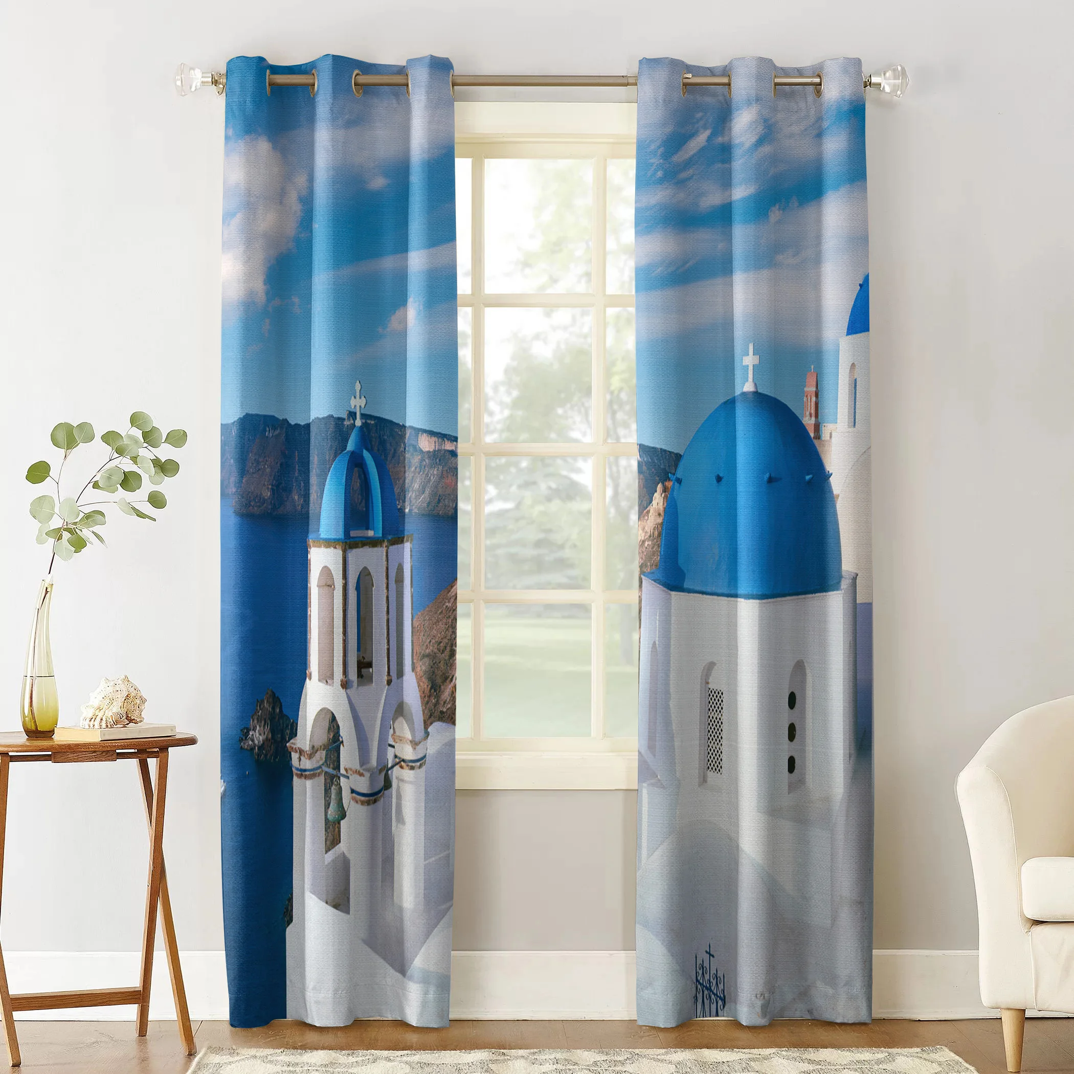 Greece Santorini Blue Roof Church Curtains for Windows Drapes Blinds Custom Printing Curtain For Living Room Bedroom Home Decor