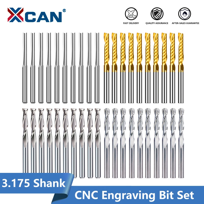 XCAN Milling Cutter 10/40pcs CNC Router Bit 3.175 Shank Ball Nose Flat Straight Flute End Mill Carbide Milling Tools