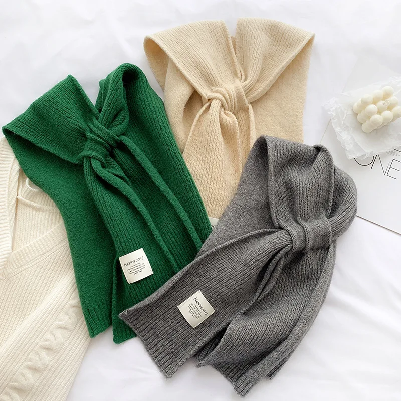 Woolen Knitted Warm Shawl Winter Korean Fashion Female Blouse Shoulders Fake Collar Cape Knotted Scarf