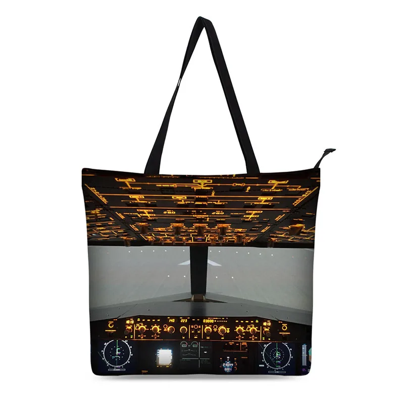 Canvas Shopping Bag Personalized Aircraft Tote Bags Cockpit Shoulder Bag Airplane Design Black Grocery Bag Cotton Plane  Handbag