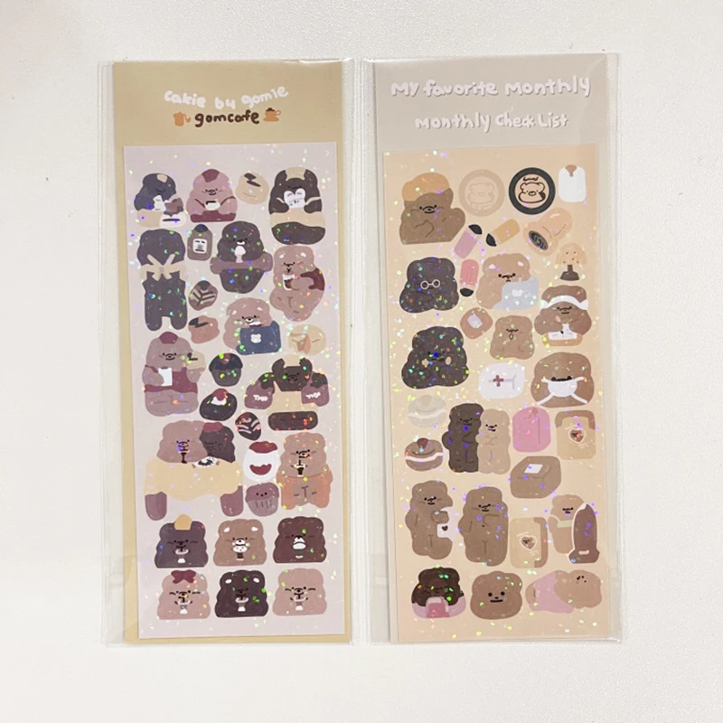 1 Sheets Cute Little Bear Glitter Sticker Color Ribbon Laser Ins Stickers DIY Material Korea Stationery Scrapbooking Journal