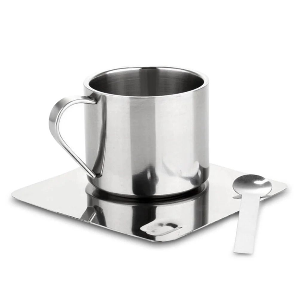 Household Stainless Steel Coffee Tea Cup With Saucer Spoon Double Wall Hot Cold Drinks Thermal Mugs Latte Cappuccino Milk Cup