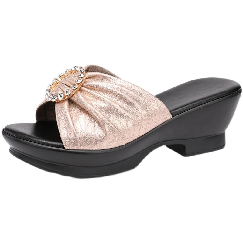 GKTINOO 2024 Summer Mid Heels Flip Flops Fashion Beach Shoes Woman Anti-slip Genuine Leather Sandals Women Slippers Shoe