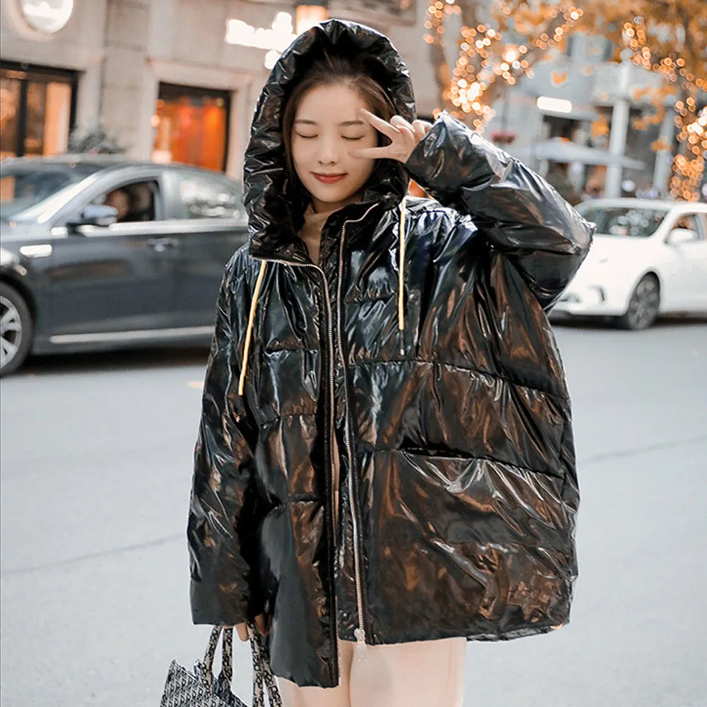 2021 New Fashion Hooded Glossy Winter Down Jacket For Women Coat Thick Bright Black Shiny Jacket Black Parkas