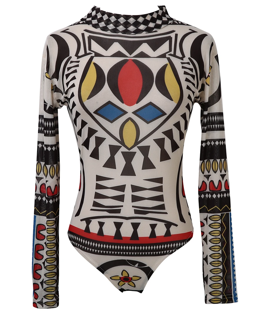 New Sexy Women Tattoo Tribal Print Stretchy Bodysuit See-Through Mesh Sheer Long Sleeve Top Lady Clubwear O Neck Bodycon