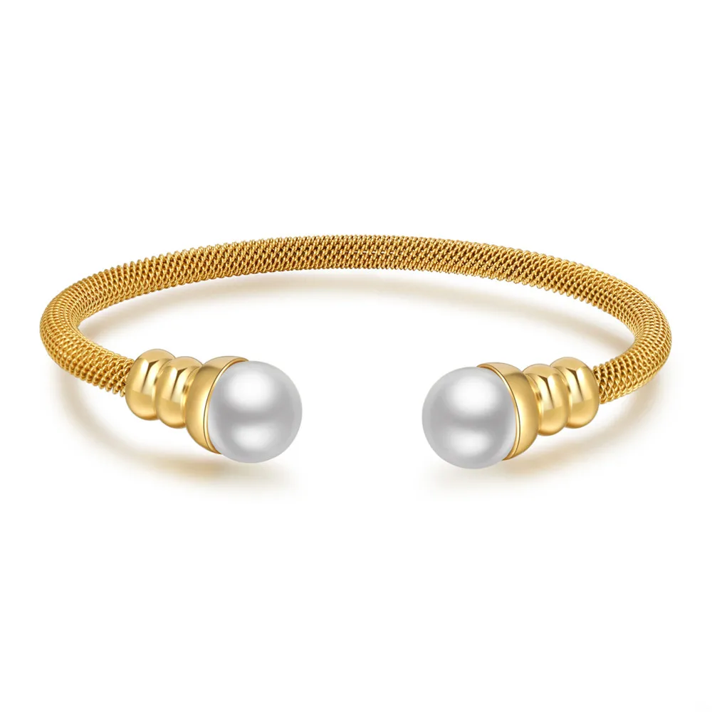 Fashion Pearl Beaded Bangle Jewelry New Trendy Women Cable Bangles Gold Color 316l Stainless Steel Bracelets Bangles For Women