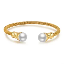 Fashion Pearl Beaded Bangle Jewelry New Trendy Women Cable Bangles Gold Color 316l Stainless Steel Bracelets Bangles For Women