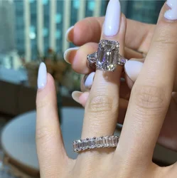 Luxury 100% 925 Sterling Silver Created Emerald cut 6ct Diamond Wedding Engagement Cocktail Women Diamond Rings Fine Jewelry
