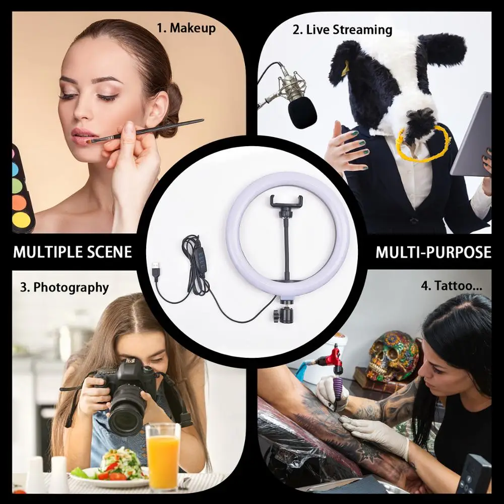 Fusitu-LED selfie Ring Light, 10 ", Fotografia, LED, Flash, Lâmpada, Vídeo, Regulável, Tripé, Suporte do telefone, YouTube