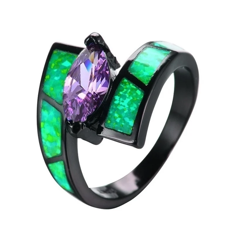 Vintage Blue Imitation Fire Opal Rhinestones Black Ring For Women Accessories Jewelry Wedding Party Charm Statement Gift