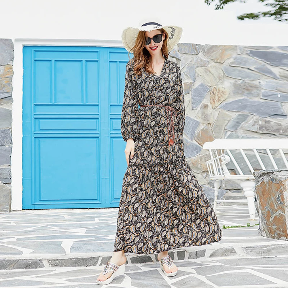 2111-3 Vintage French BohoCasual Maxi Dresses Sets Female Clothing Plus Size Woman Slippers Dress Loose Cashew Nuts Robe Spring