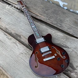 Grote 12 String Electric Guitar Semi Hollow Body, Brown Burst Flamed Maple Top Abalone Flower Inlaid Fretboard Guitarra