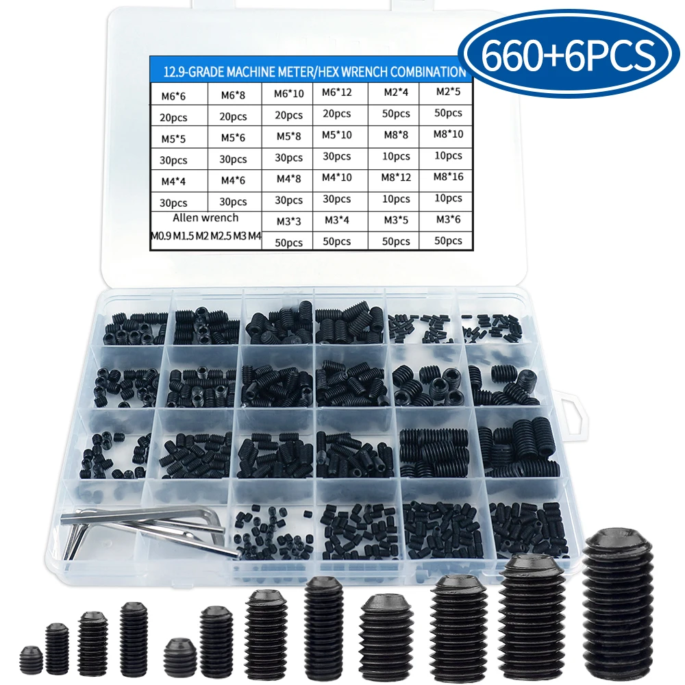 

666pcs Set Screw Cup Point Grub Screw M2 M3 M4 M5 M6 M8 Hex Socket Set Screws Hexagon Headless Set Screw Grade 12.9 Carbon Steel