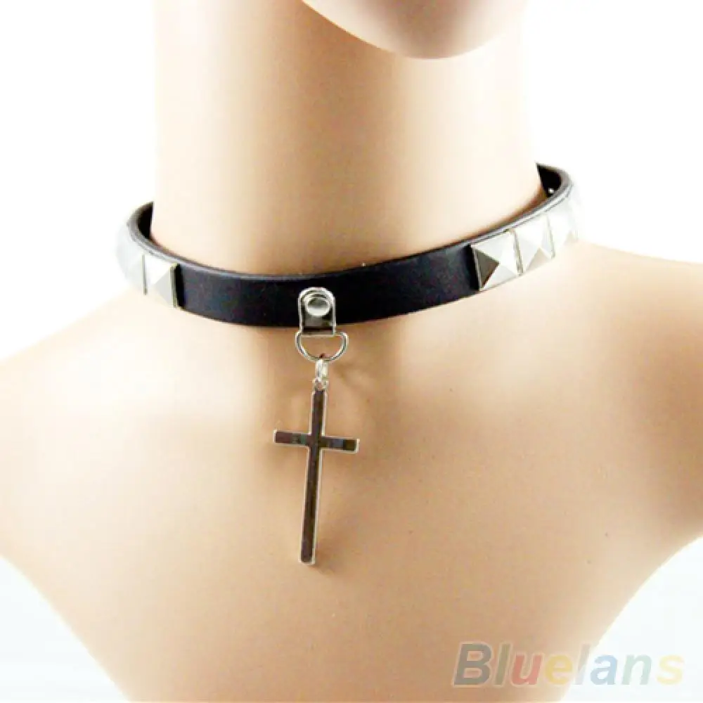 Hot Sales!! Punk Gothic Black Faux Leather Choker Cross Spike Rivet Buckle Collar Necklace