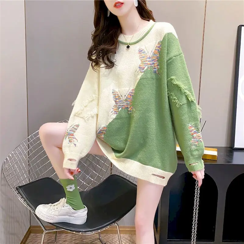 

Fashion Casual Sweaters Women Korean Loose Hole Crewneck Pullover Sweater Hit Color All-match Knitted Top Autumn Winter Clothes