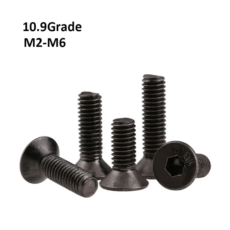 Black Nickel Plating Grade 10.9 Carbon Steel Hex Hexagon Socket Flat Head Screws Countersunk Head Screw Bolts M2-M6 DIN7991