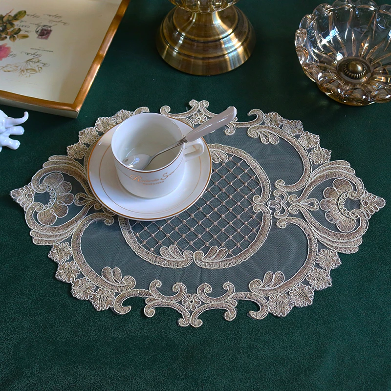 Oval 28x42cm European Luxury Lace Embroidered Restaurant Velvet Placemat Small Balcony Coffee Cup Table Mat Vase Pad Coaster