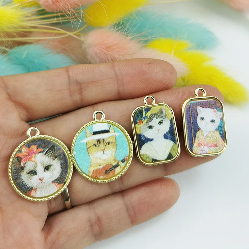 10pcs/pack Lovely Animals Cats Painting Enamel Metal Charms Kitty Earrings Pendants Fit DIY Jewelry Making Accessory