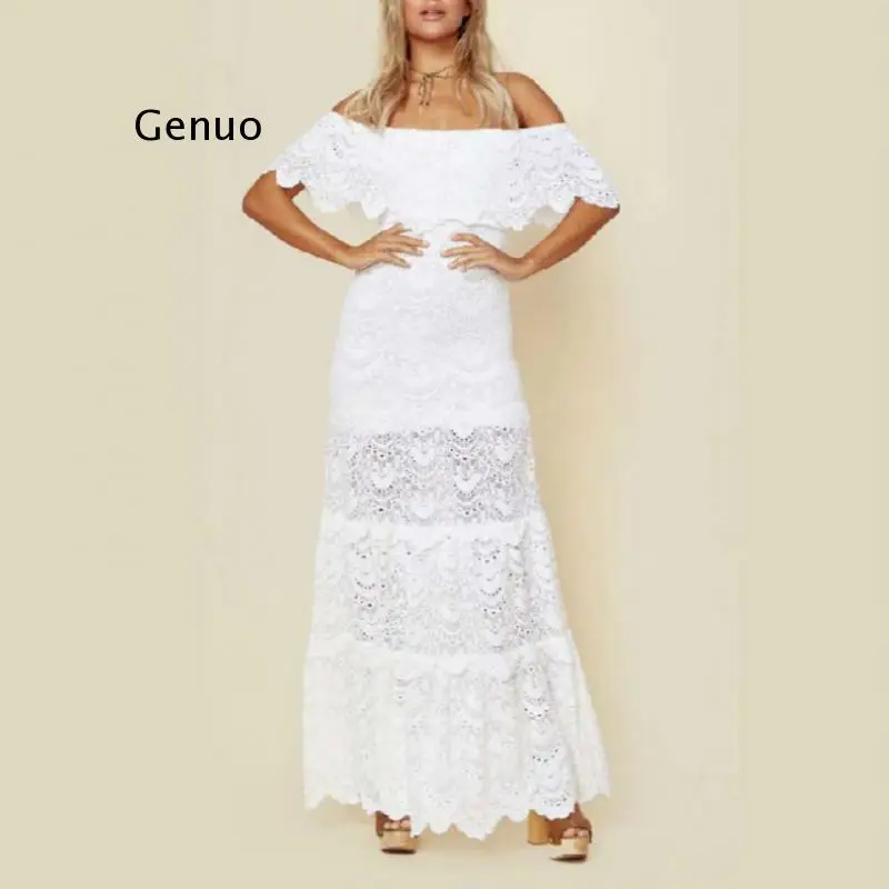 White Lace Sexy Maxi Dress 2021 Summer Bohemian Off Shoulder Hollow Out Dresses Solid Ruffle Beach Holiday Party Female Vestiods