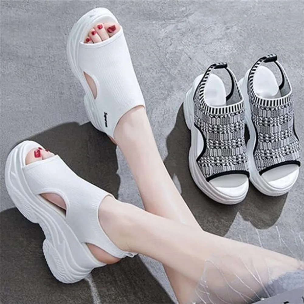 2024 Casual Women's Sport Beach Sandals Wedges Footwear Summer Platform 9 CM Heels Shoes Female Slip On Peep Toe Knitted Ladies