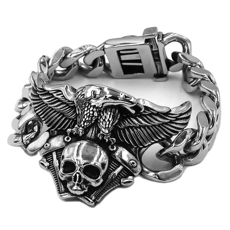 Engine Skull Eagle Bracelet Stainless Steel Titanium Jewelry Large Personality Vintage Skull Biker Mens Boys Bracelet SJB0368