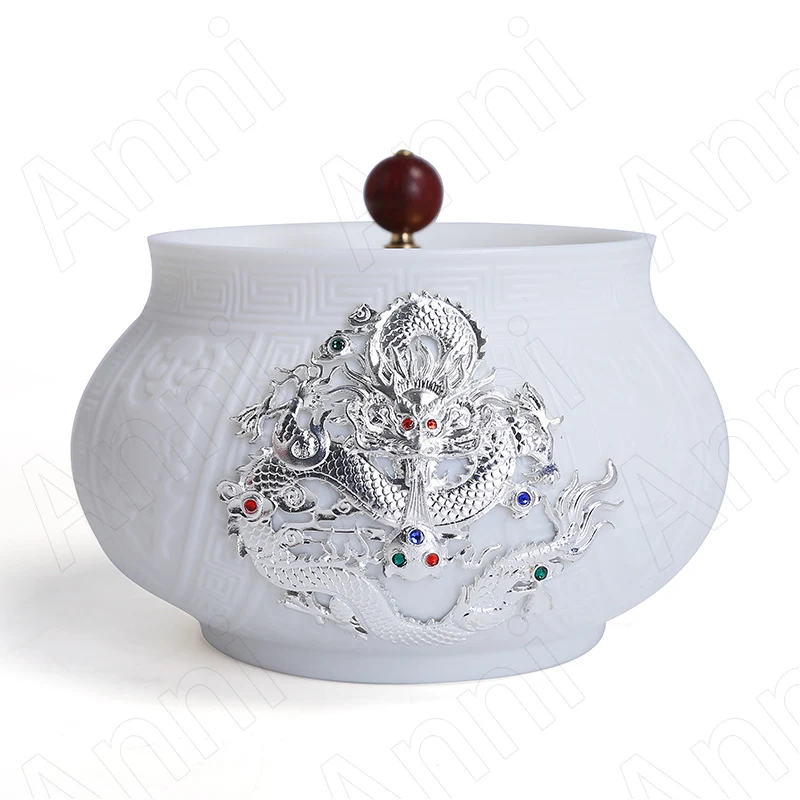 Creativity Suet Jade Porcelain Tea Container Chinese Modern Inlaid with Gold Silver Embossed Dragon Texture Ceramic Tea Storage