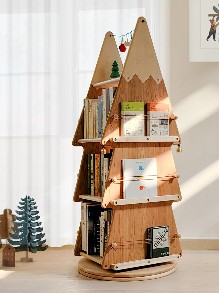 GY Christmas Tree Rotating Bookshelf All Solid Wood 360 Degrees Multi-Layer Bookcase Storage Children Picture Book Rack