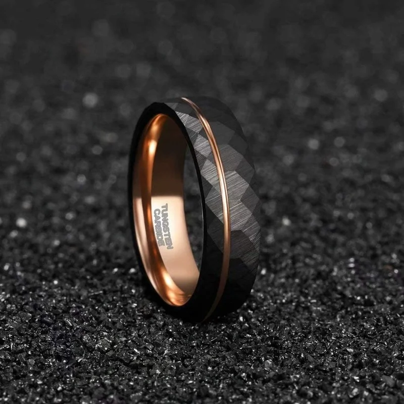 Tigrade 4 mm 6 mm 8 mm schwarze Wolframringe für Männer und Frauen, dünner Roségold-Rillen-Ehering mit gehämmerter Ehering, bequeme Passform, Größe 5–14 – Detail 7