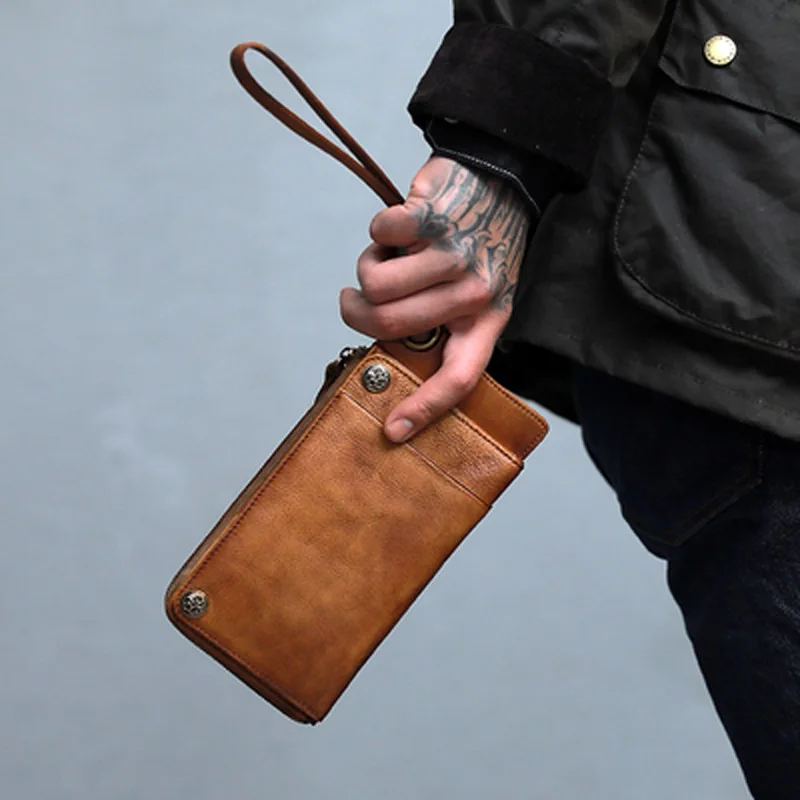 Handmade vintage leather long wallet Japanese and Korean card bag men's long large-capacity zipper phone bag men's hand bag