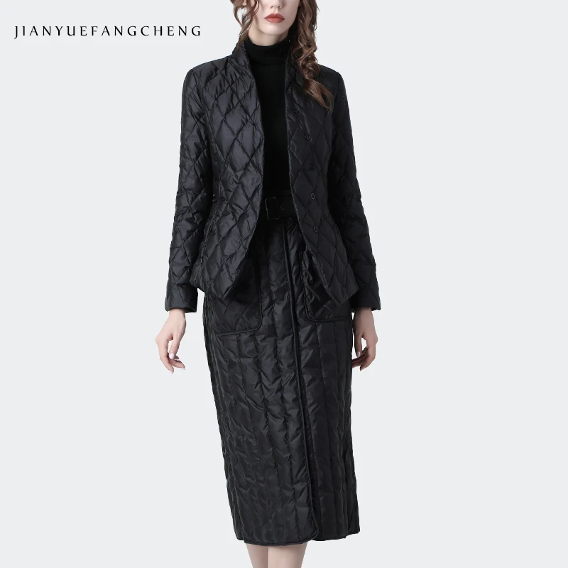 Women 2 Piece Set Jacket and Skirt Winter Plus Size Thicken Warm Black Duck Down 2 Piece Set Womens Outfits Ladies Clothing