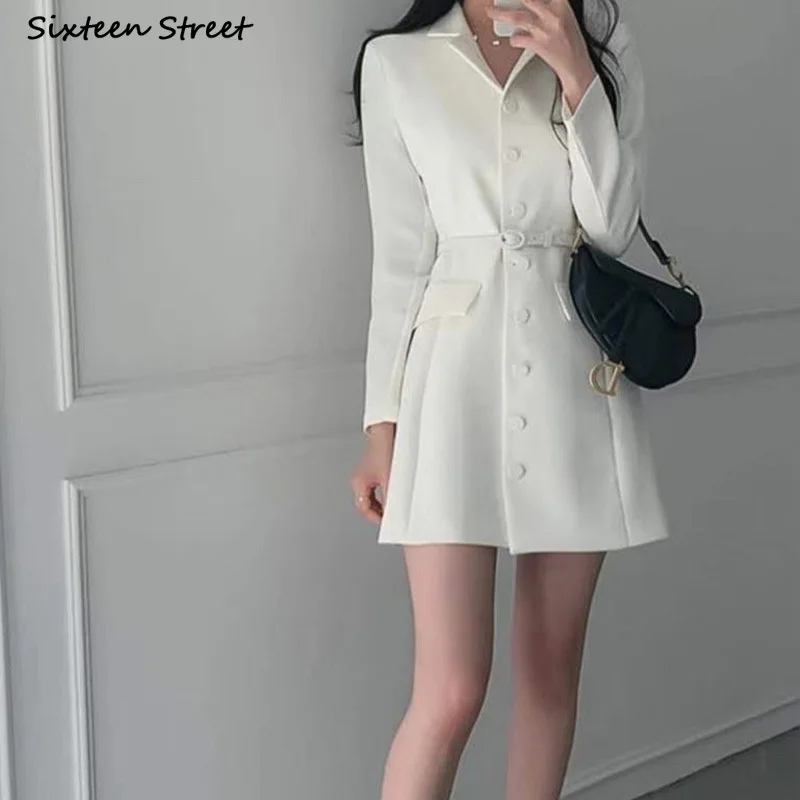 White Chic Blazer Dress Women Spring 2023  Turn-down Neck High Waist Bodycon Dress Office Ladies Business Korean Mini Dresses