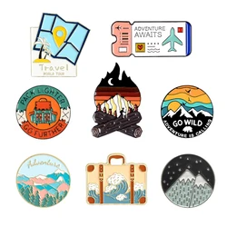 Camping explore enamel pin Bonfire backpack Cartoon Air ticket pins brooch scenery Lapel pin jewelry gift for Adventure lovers