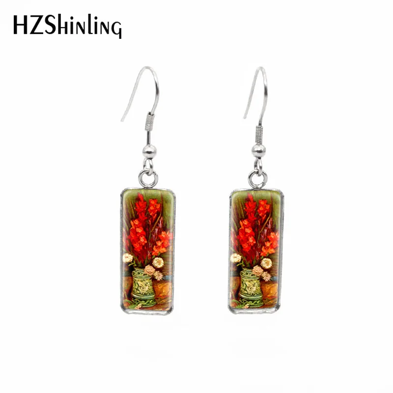 2019 New Branches Of An Almond Tree In Blossom Fish Hook Earring Van Gogh Art Paintings Rectangular Earrings Glass Jewelry