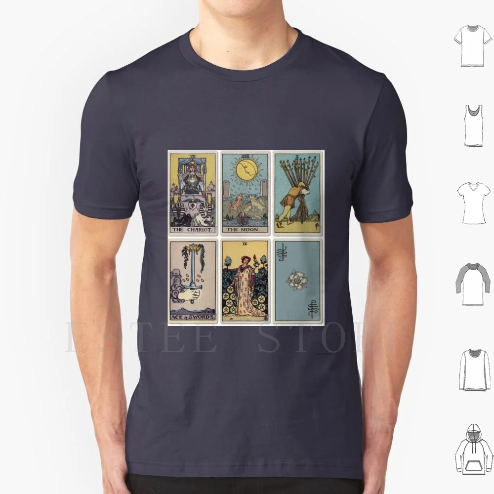 Camiseta de Algodón para Hombre con Diseño de 6 Cartas del Tarot, Talla 6XL, Tarot Rider Waite, Chariot, Luna, As de Espadas, Nueve de Otras Cartas, Diez de Varas