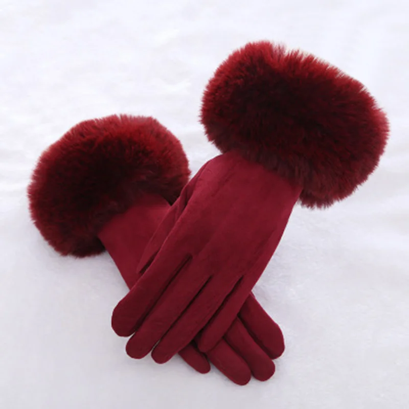 Fashion Women Winter Warm Suede Leather Touch Screen Glove Female Faux Rabit Fur Embroidery Plus velvet thick driving gloves H92