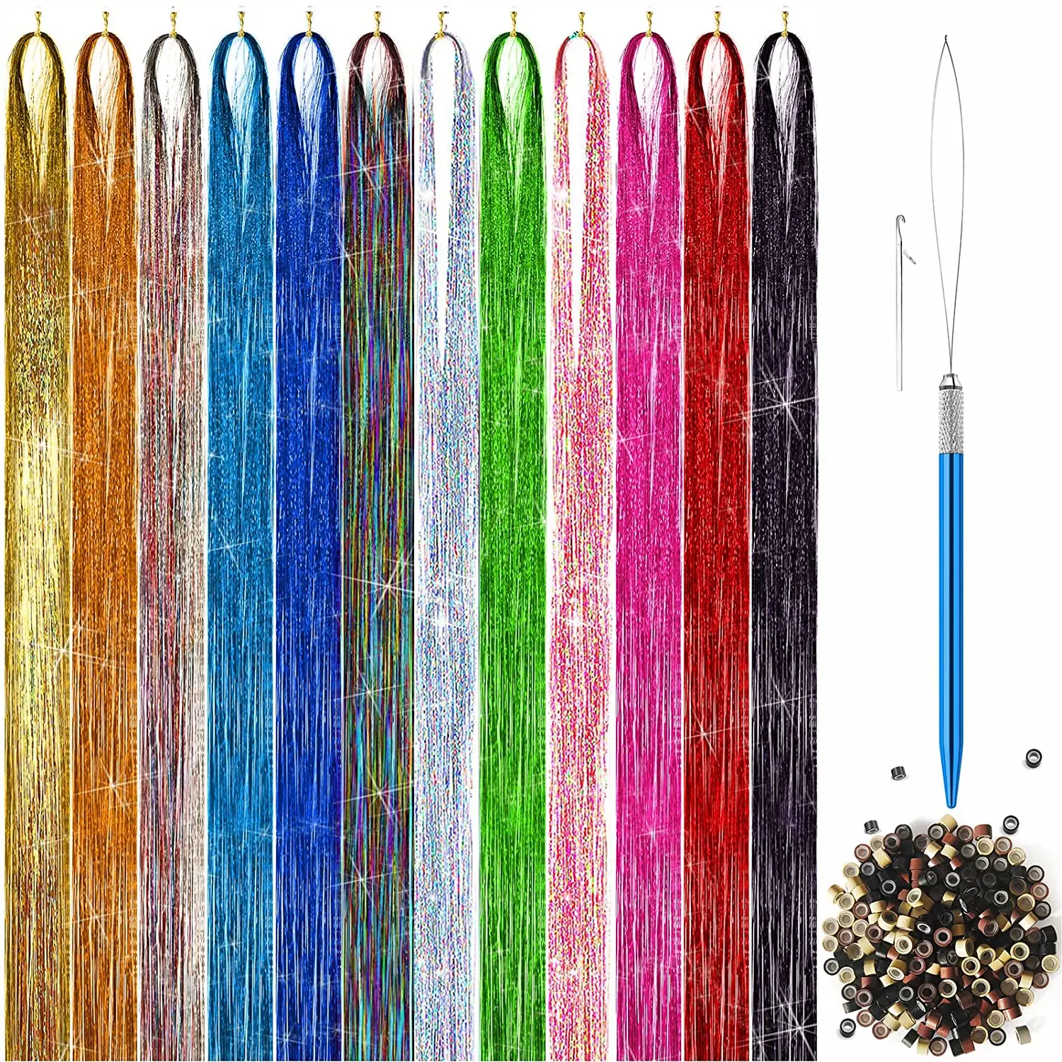 47 Inch 12 Colors Hair Tinsel With Tool Sparkling Dazzle Glitter Shiny Hair Extensions Hair Silk Tinsel Heat Resistant