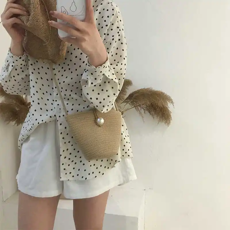 Multi-styles Straw Bags Handmade Woven  Pearl Dumpling Bag Straddling Shell Grass Woven Bag cotton woven Beach Bag Mini Bag