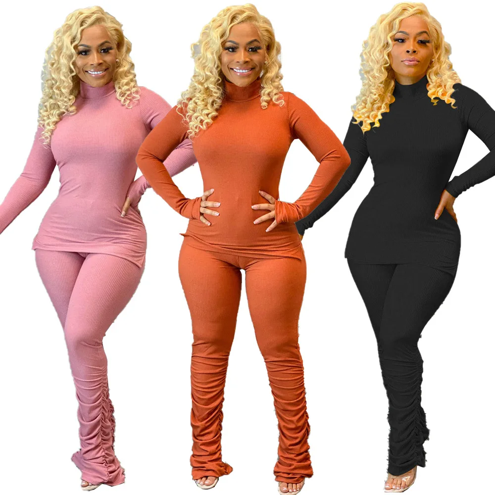 Casual Knitted Rib Solid Tracksuit Women Lounge wear O Neck Long Sleeve Slit Top + Stacked Pants Two Piece Set Jogging Femme