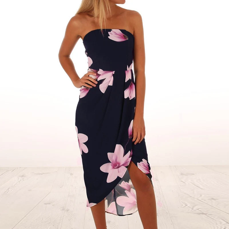 

Women's Floral Print Off Shoulder Sleeveless Dress Ruffles Lace Up Strapless Ladies Dresses Nice Summer Casual Female Clothes