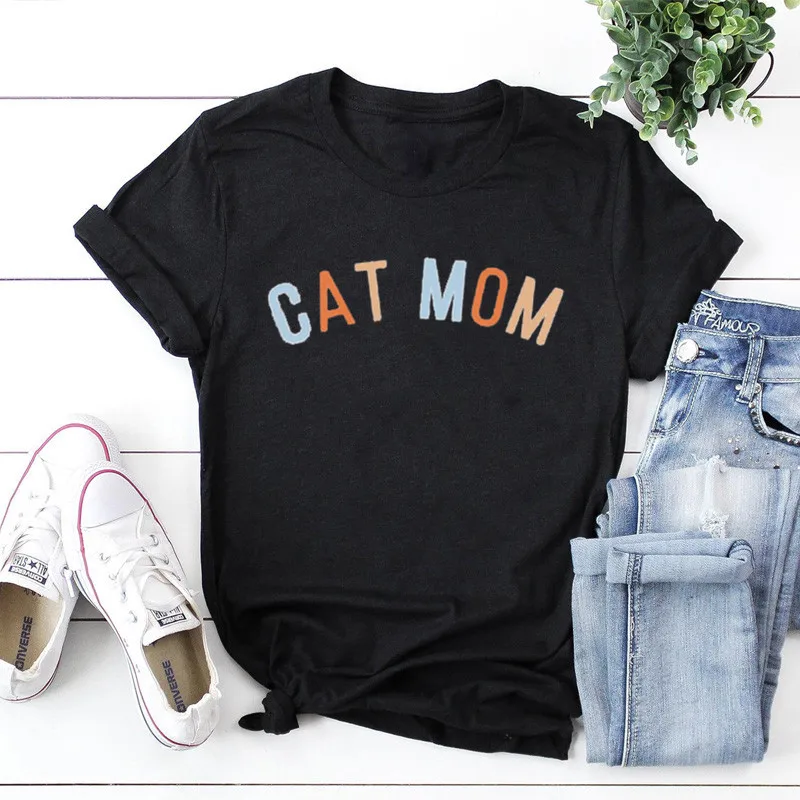 Cat Mom T-Shirt Mother y2k Letters Women shirts 100% Cotton O Neck Short Sleeve Top Tees Girls Streetwear Fashion Drop shipping