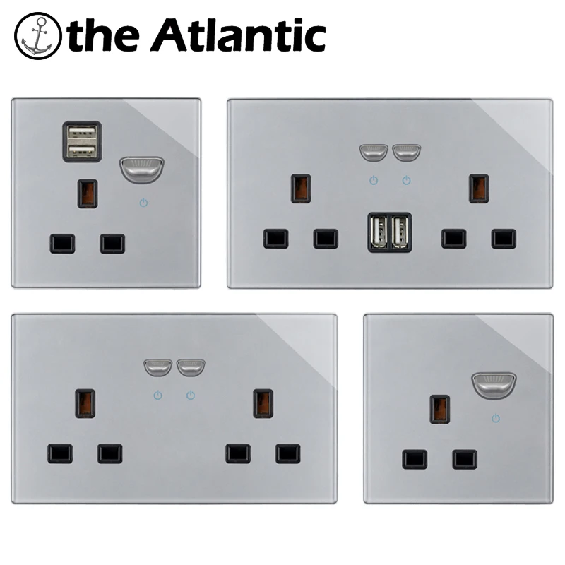 UK Plug 13A Power Socket With Dual USB Charger Wall Outlet Double Outlet Switch Grey Glass South Africa Ireland Universal Socket