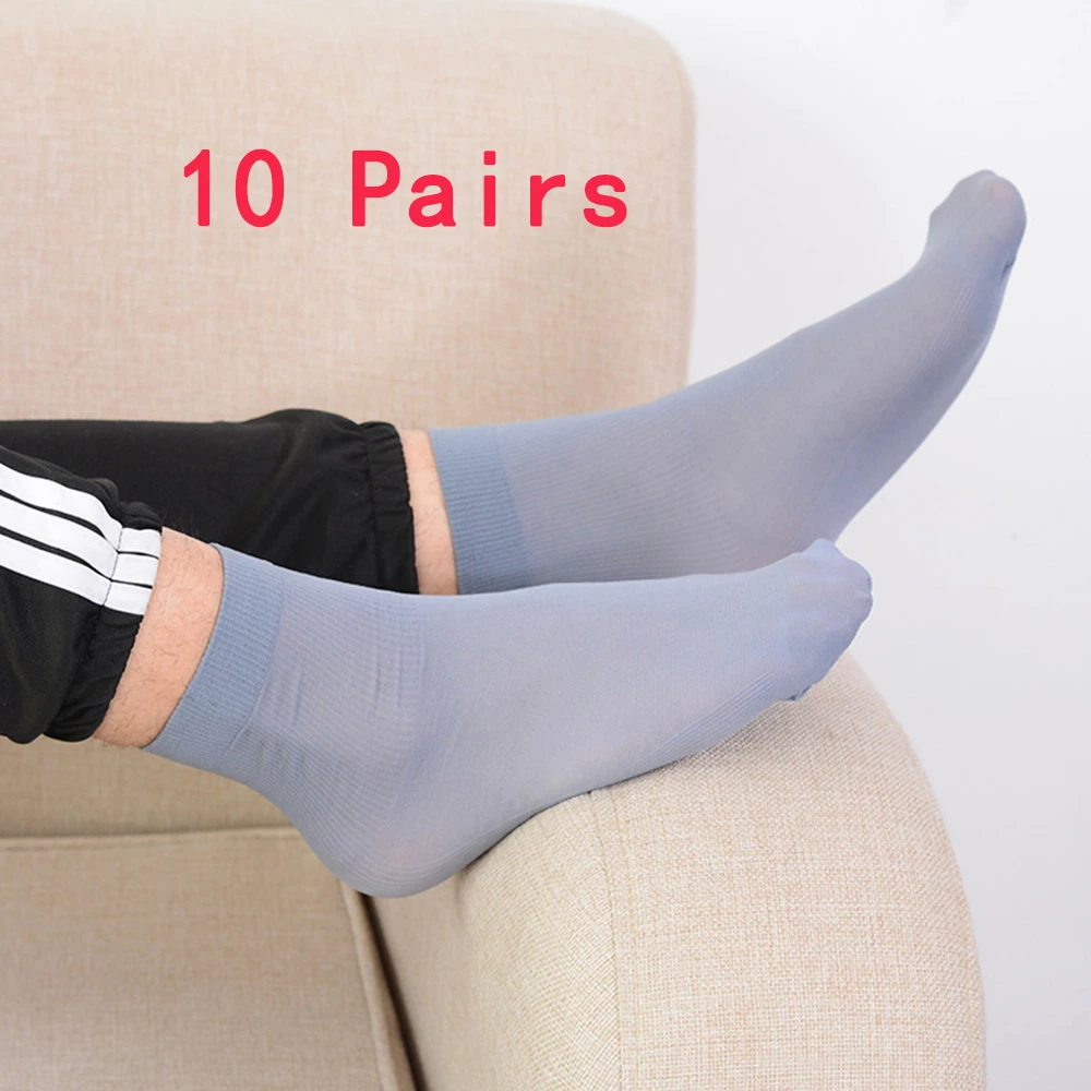 10 Pairs Summer Men\'s Socks Casual Business Ultra-thin Elastic Silky Bamboo Fiber Stockings Middle Socks Black White 5 Colors