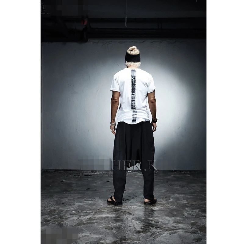 Korean youth hip hop men\'s low crotch fashion trend lace up casual pants Harem Pants linen pants loose personality