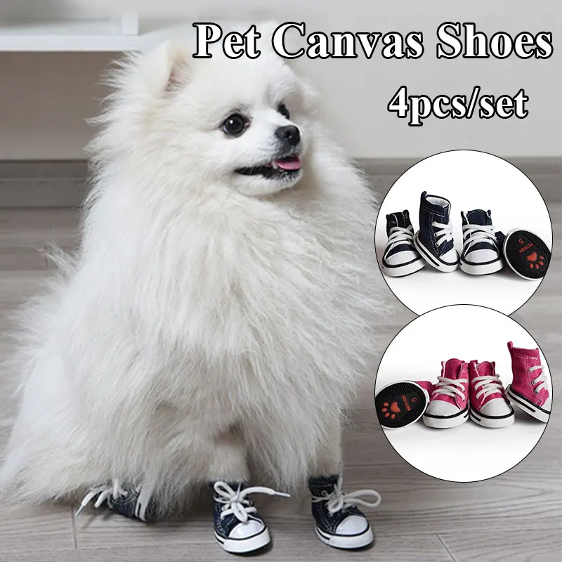 4 Pcs Dog Shoes Pet Cowboy Canvas Shoe Casual Pet Dog Anti-slip Waterproof Shoes Sneakers Breathable Booties For Small Dogs