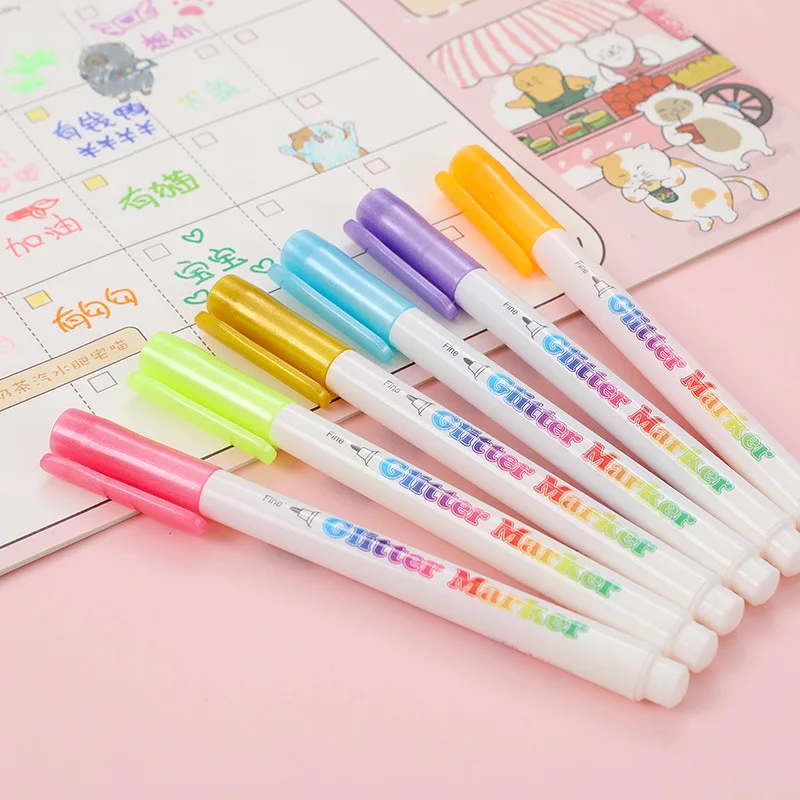 12/24Color Glitter Marker Highlighter Fine Head Shiny Hand Account Fluorescent Pastel Graffiti Coloring Painting Key Marker Pen