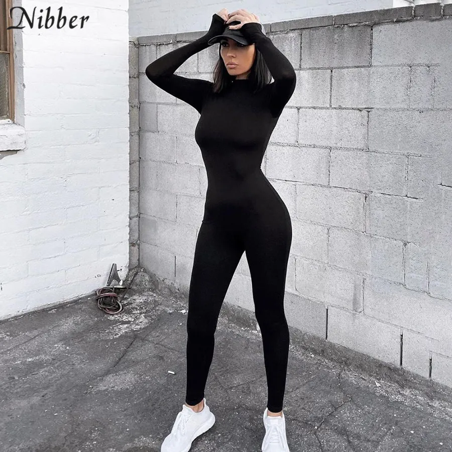 Nibber female simple bodycon solid color long-sleeve overalls for women leisure streetwear pure jumpsuit workout jogging romper