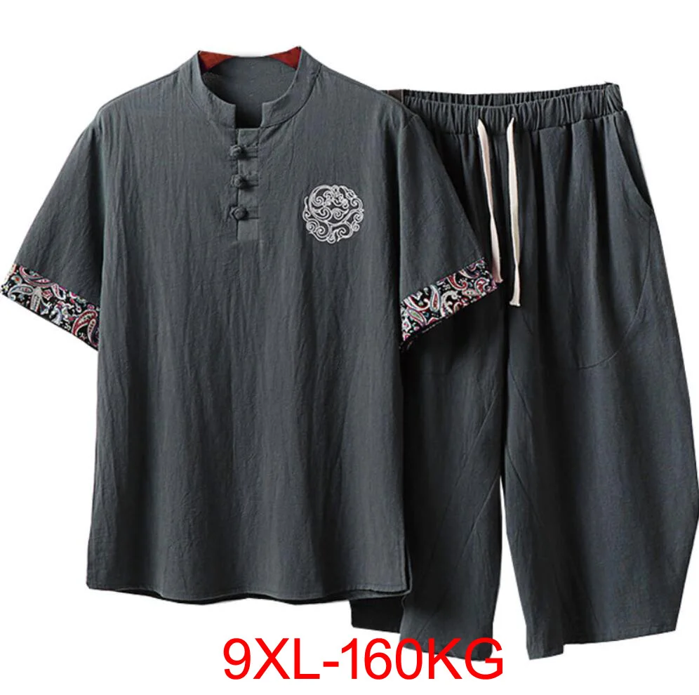 

Summer Plus Size 9XL Men's Clothing Vintage Tracksuit Drak Gray Home Suit Linen T Shirt Fashion Male Set Chinese 7XL 8XL 160KG