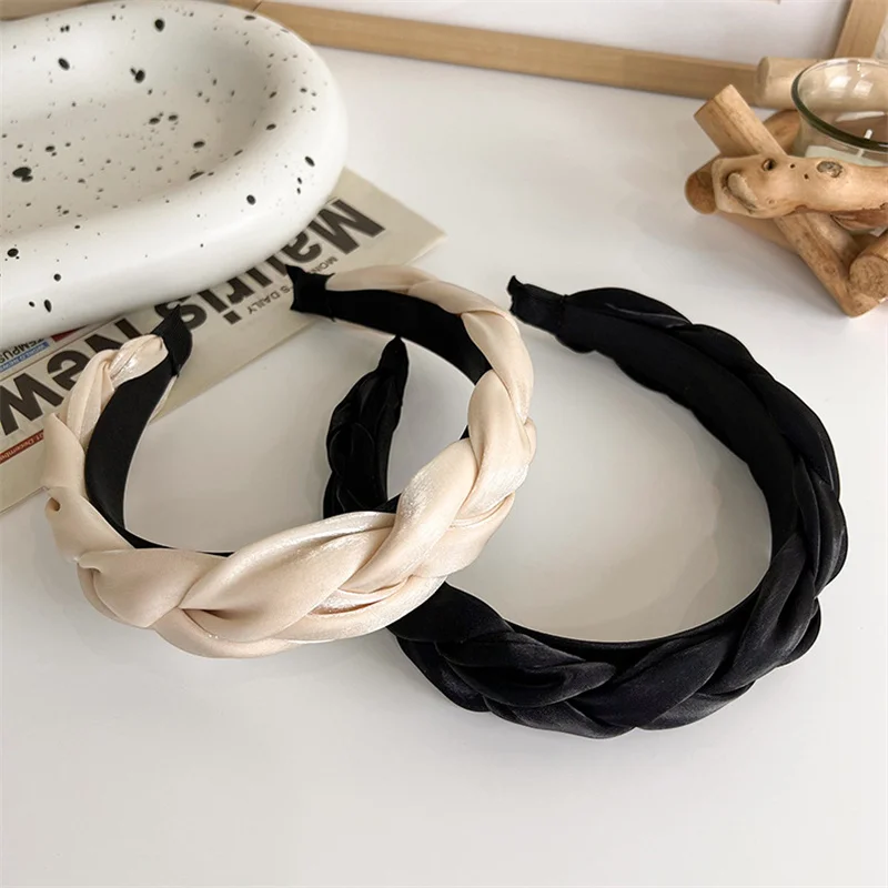 Fashion Twist Woven Headband for Women Solid Color Satin Surface Wide Hairbands Girl Hairband Hair Hoop Popular Hair Accessories